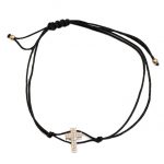 Pulsera Cordon negro ajustable cruz mini rosa